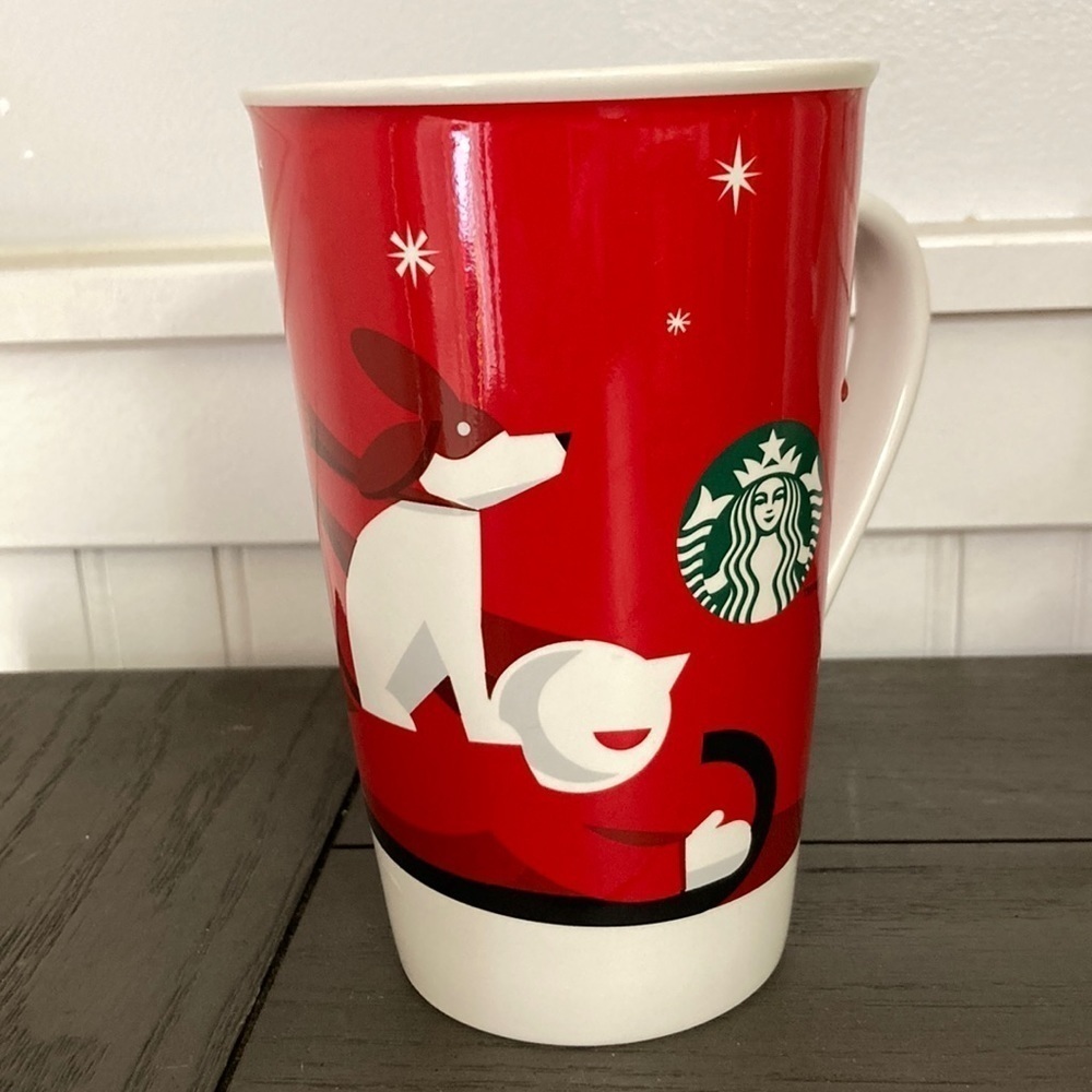 Starbucks 2011 Holiday Mug Red‎ Bone China Dog Cat Snowflakes Coffee Cup